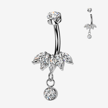 Implant Grade Titanium Marquise Floral Sparkle Dangle Internally Threaded Belly Button Ring-Clear Gem